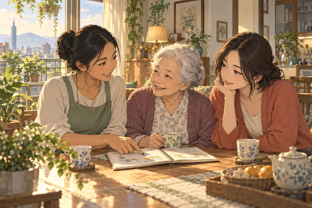 日系細膩插畫：家人與照顧者在灑滿柔光的家中陪伴長輩
